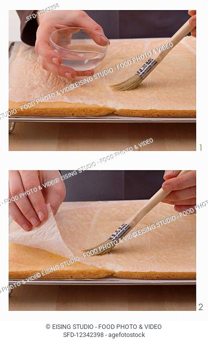 To prevent the baking paper from sticking to the cake, brush it with cold water before carefully peeling it away