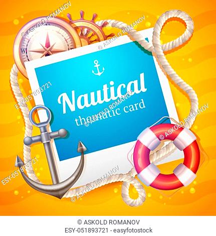 Nautical card with marine and sailing symbols set and rope frame vector illustration