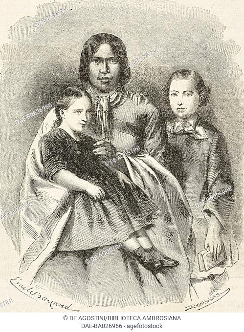 Taupiri woman with her grandchildren, from Travel in New Zealand (1858-1860) by Ferdinand von Hochstetter (1829-1884), drawing by Emile Bayard (1837-1891)