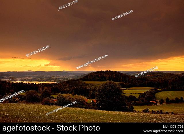 View into a valley near the Haldenhof. Germany, Baden-Wuerttemberg, Lake Constance, Haldenhof, evening mood, valley, sunset