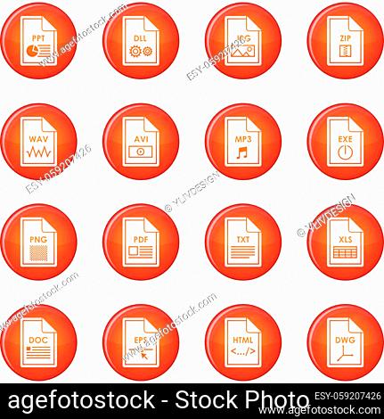 File format icons vector set of red circles isolated on white background