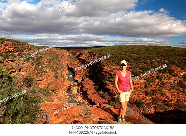 Z Bend, Kalbarri, National, park, western Australia, west coast, Australia, gulch, view, landmark, red sand, sand, red, stone, clouds, woman