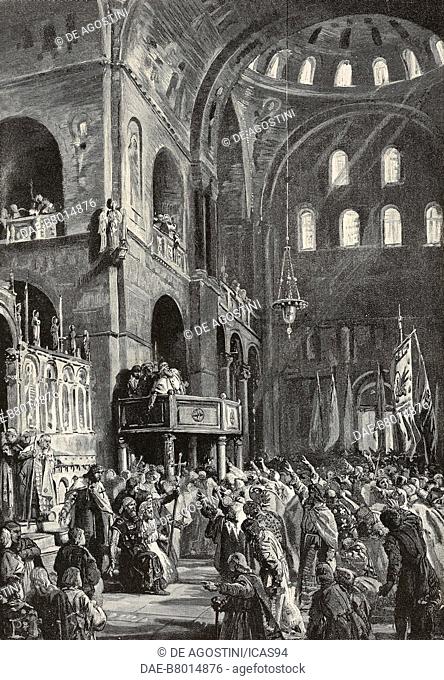 Enrico Dandolo (ca 1107-1205), Doge of Venice, announcing the intention of undertaking the Fourth Crusade, St Mark's Basilica, Venice, Italy, 1202