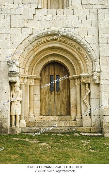 Northern door showing particular decoration, San Pantaleon de Losa Hermitage, in Romanesque style with gothic elements, XI Century, Valley of Losa