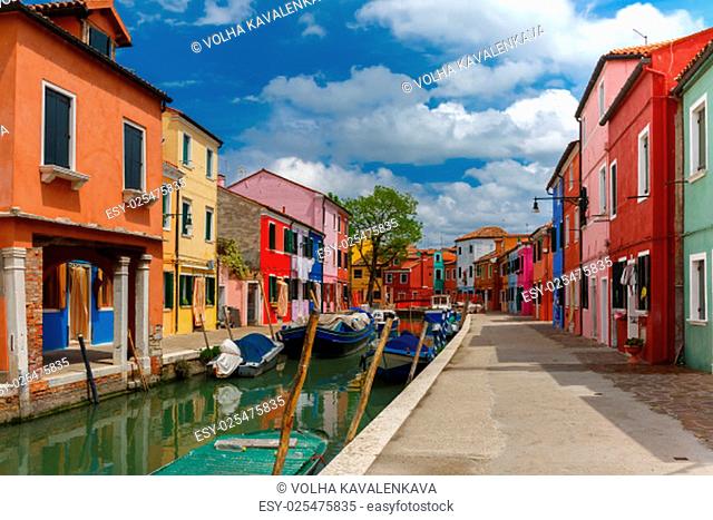Canal with colorful houses on the famous island Burano, Venice, Italy
