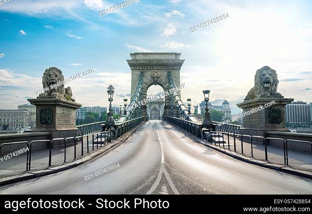 Front view of Chain bridge in Budapest at sunrise, Hungary
