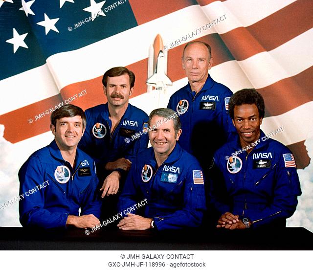 These five astronauts will be the crew members for STS-8 in the space shuttle Challenger in later summer of this year. Richard M