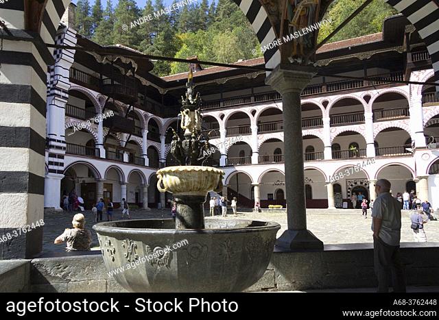 Rila monastery, not far from Sofia, is a world heritage site by UNESCO. Monks' quarters located in the inner courtyard of the monastery