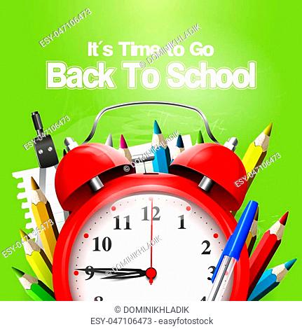 It's Time to Go Back to School. Back to school background with alarm clock and school supplies on the green chalkboard