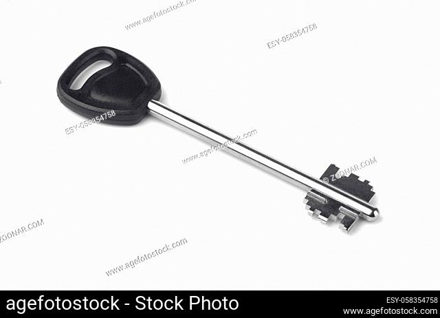 Lever tumbler lock key made of steel and plastic isolated on white