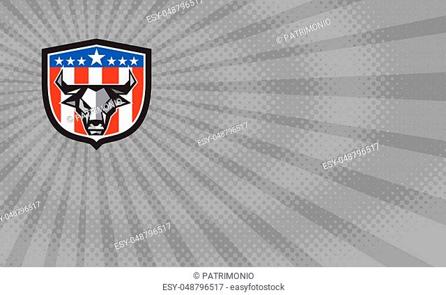 Business card showing Low polygon style illustration of a bull cow head facing front set inside shield crest with usa american stars and stripes flag in the...