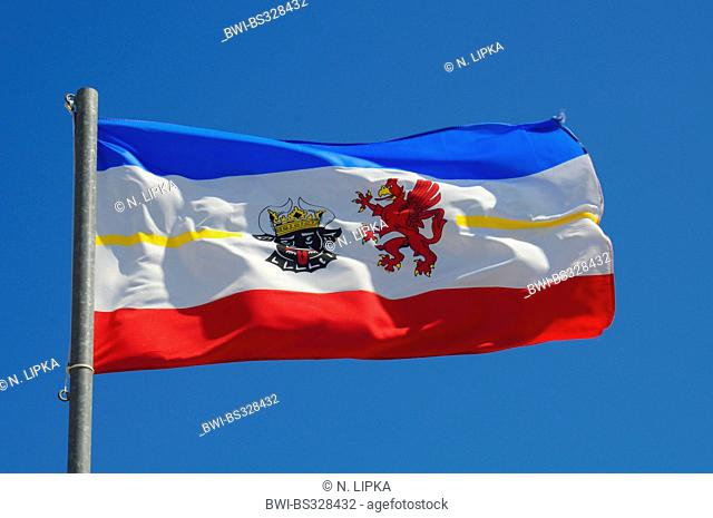 flag of Mecklenburg-Vorpommern blowing in the wind, Germany, Mecklenburg-Western Pomerania