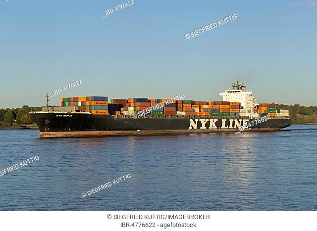 Container ship Nyk Line on Elbe river, Finkenwerder, Hamburg, Germany
