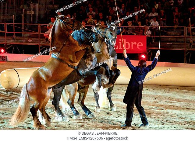 France, Herault, Beziers, place of July 14th, annual Feria in the streets of the city, the equestrian shows