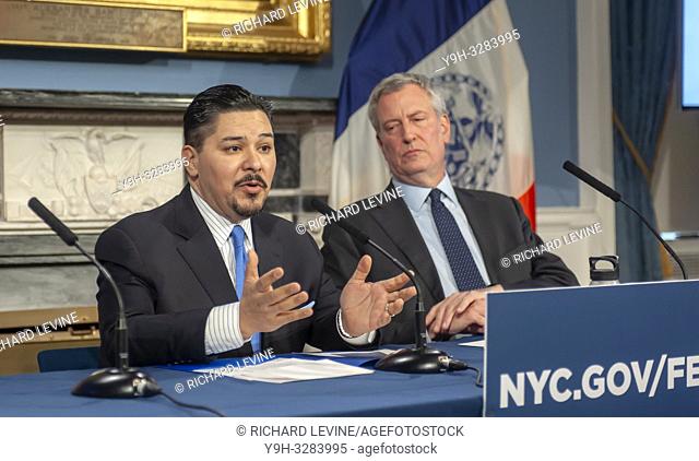 New York Mayor Bill de Blasio, right, and Richard A. Carranza, Dept. of Education Schools Chancellor at a press conference in the Blue Room in New York City...