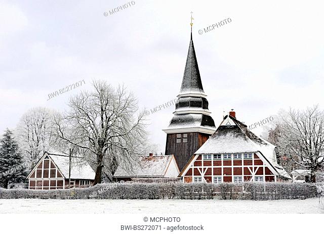 snow-covered church St. Johannis, Germany, Bergedorf, Curslack, Hamburg