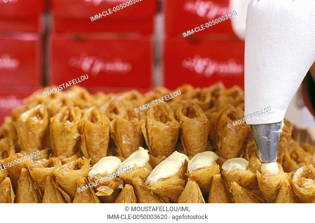 Elenedissweets shop , Trigona PanoramatosGreek sweet with cream, Greece:Central Macedonia:Thessaloniki