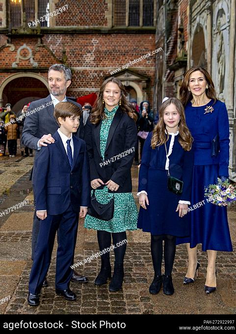 Crown Prince Frederik, Crown Princess Mary, Princess Isabella, Prince Vincent and Princess Josephine of Denmark arrive at the Frederiksborg Palace in Hillerod