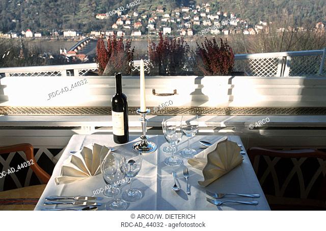Table in restaurant Molkenkur view on Heidelberg Baden-Wurttemberg Germany