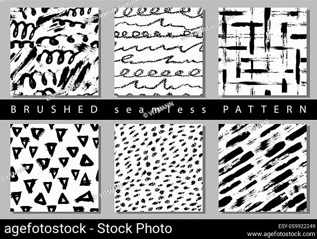Vector Set of seamless pattern with brush stripes and strokes. Black color on white background. Hand painted grange texture. Ink geometric elements