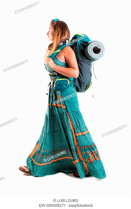 Happy hiker girl with backpack isolated in white, trekking and travel lifestyle concept