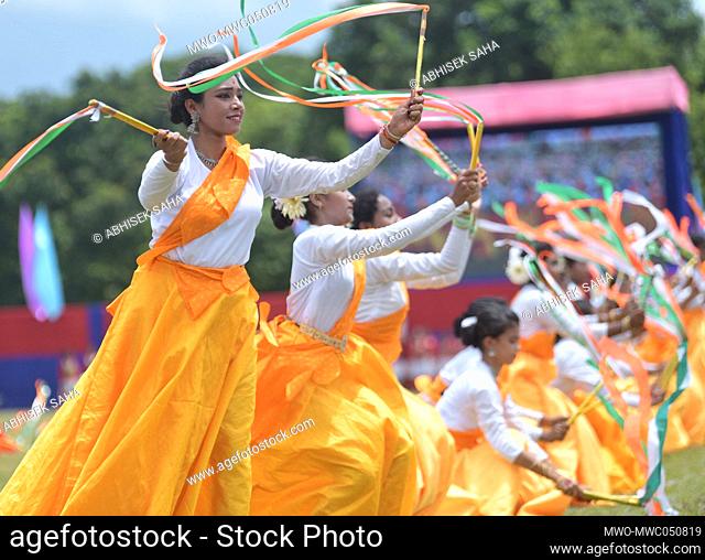 Students are performing during the 76th Independence Day function at Assam Rifles ground in Agartala. Tripura, India