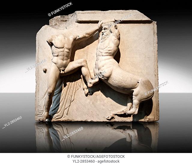 Sculpture of Lapiths and Centaurs battling from the Metope of the Parthenon on the Acropolis of Athens. Also known as the Elgin marbles