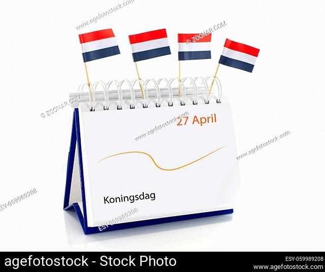 kalendar met zevenentwintig april koningsdag en rood wit blauwe vlaggetjes