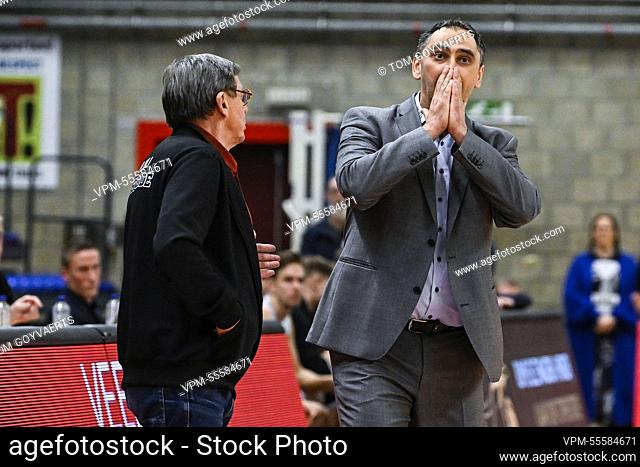 Oostende's head coach Dario Gjergja shows defeat during the basketball match between Limburg United and BC Oostende, first leg of the 1/4 final of the Belgian...