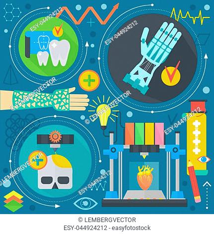 3d technology, 3d printing and 3d scanning flat concept infographics design web elements, poster banner. Robo arm Vector illustration