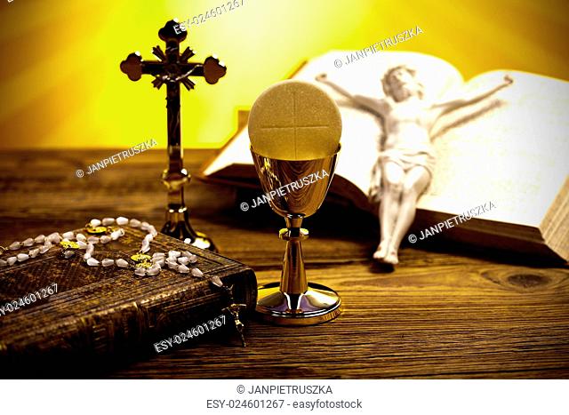 Christian holy communion, bright background, saturated concept