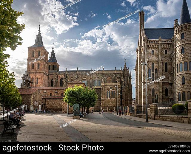 Astorga, Spain, July 2020 - Saint Maria Cathedral and Episcopal Palace in the city of Astorga, Spain