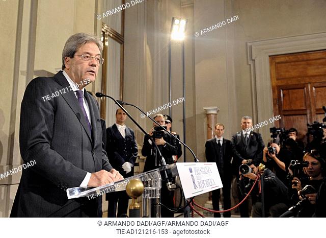 Italian Prime Minister in charge Paolo Gentiloni in press conference announces the Ministers list at Quirinale Palace, Rome, ITALY-12-12-2016