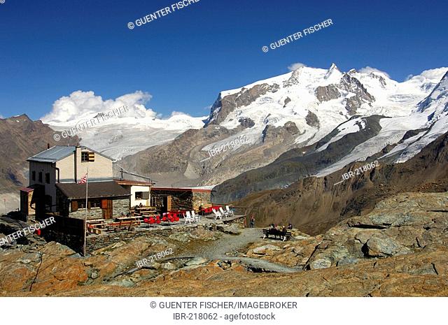 Gandegg mountain refuge, Monte Rosa massive, glacier Findelgletscher, peak Liskamm, Zermatt, Valais, Switzerland