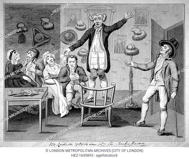 'Mr Anderson (of Bride Lane, City) the barber parson', 1780. A barber stands on a chair evangelising his customers. Two of his customers chat regardless