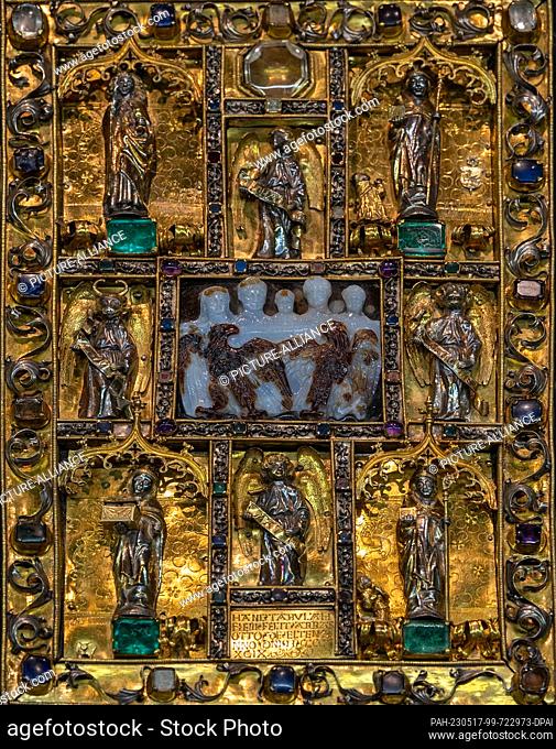 17 May 2023, Rhineland-Palatinate, Trier: The Ada Gospels with its magnificent binding is in the treasury of the Trier City Library