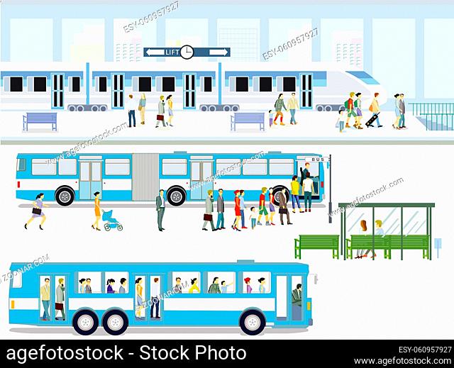 Bushaltestelle mit Schnellzug und Fahrgästen