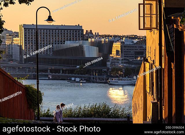 Stockholm, Sweden People on the Monteliusvagen walkway overlooking the city