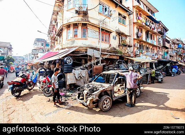Mumbai, India - November 5 2016: Car parts for sale along the crowded streets within Chor Bazaar in Mumbai, India