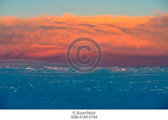 ANTARCTICA, WEDDELL SEA, FAST ICE WITH SNOW HILL ISLAND IN BACKGROUND, PINK CLOUD AT SUNSET