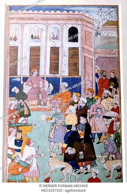 Akbar or Jahangir receiving gifts from guests, Mughal painting, India. From the Victoria and Albert Museum, London