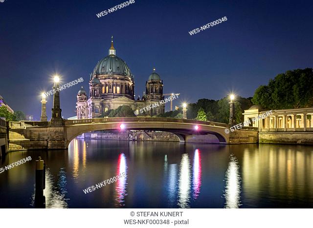 Germany, Berlin, Berliner Dom and Spree River at night
