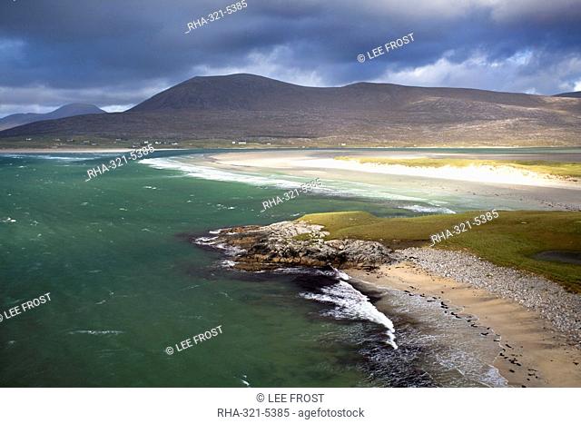 View across the beach at Seilebost towards Luskentyre and the hills of North Harris, Seilebost, Isle of Harris, Outer Hebrides, Scotland, United Kingdom, Europe