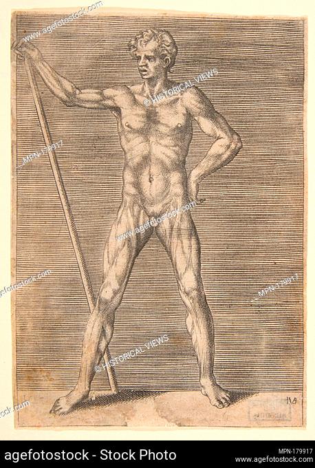 Flayed man seen from in front, holding a stick. Artist: Giulio Bonasone (Italian, active Rome and Bologna, 1531-after 1576); Date: ca