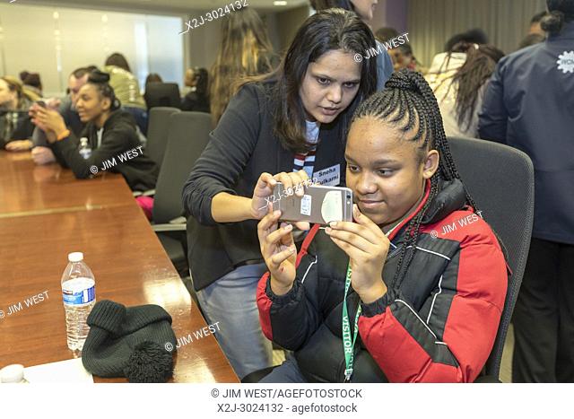 Auburn Hills, Michigan - Middle school girls participate in technology day at Fiat Chrysler Automobiles' IT headquarters