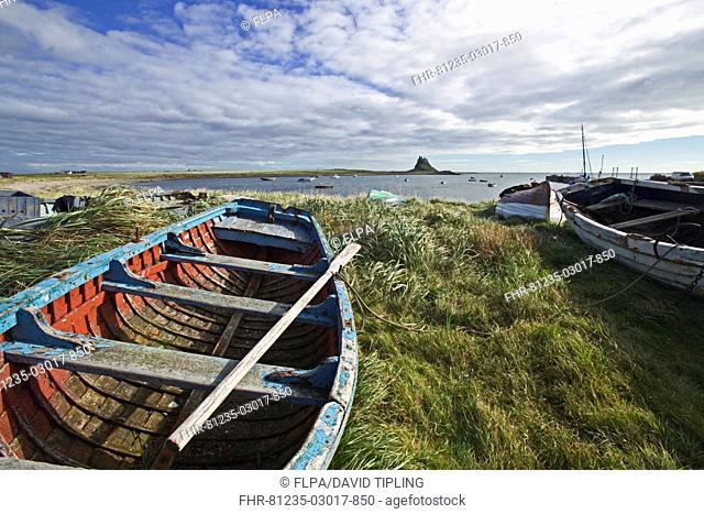 View of boats and coastline with castle in distance, Lindisfarne Castle, Lindisfarne, Northumberland, England