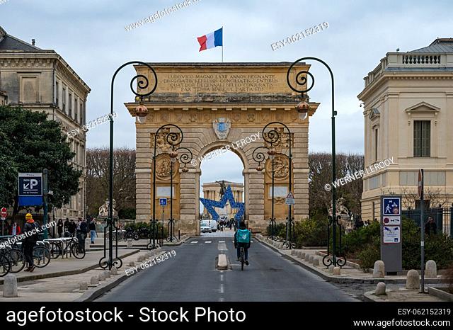 Montpellier, Occitanie, France, The Arc de Triomphe and courthouse