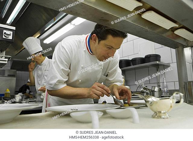 France, Haute Corse, Calvi, in the kitchens with Christophe Bacquie, Chef of restaurant Le Bistrot at Hotel La Villa, Meilleur Ouvrier de France best craftsman...