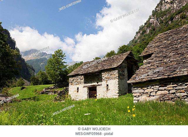 Switzerland, Ticino, Sonogno, typical historic stone house and summer meadow