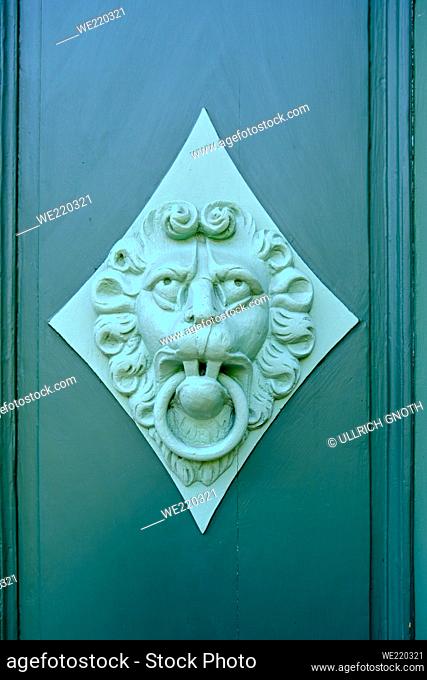 Old vintage door knocker depicting a lion's face on the coffered panel of a green door leaf